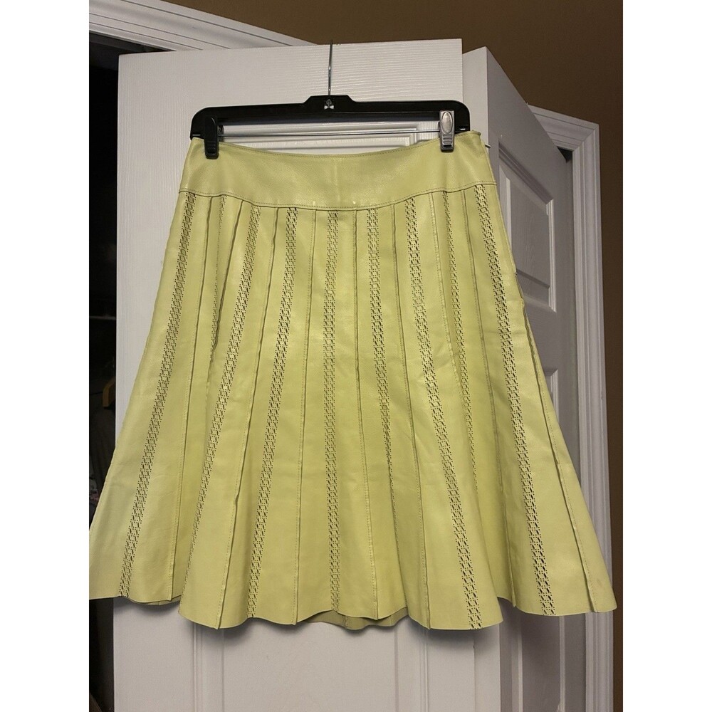 Per Se Cut Out Flare Leather Skirt Size 4 Yellow Knee Length Zipper